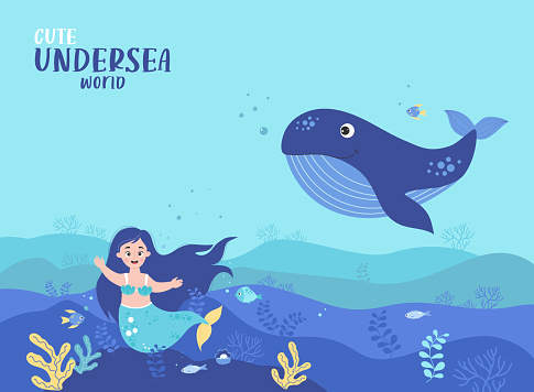 Cute little mermaid with big blue whale.Tropical poster with underwater world landscape, marine animals and plants. Seabed vector illustration for design, decor, postcards, print and decoration.