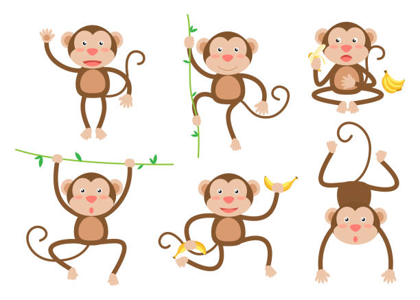 Cute little monkeys cartoon vector set in different poses - Vector illustration Cute little monkeys cartoon vector set in different poses - Vector illustration laughing monkey stock illustrations