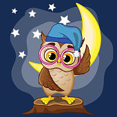 Vector illustration of Cute little owl in pink glasses with hat