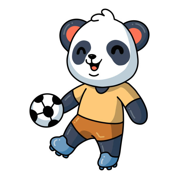 illustrations, cliparts, dessins animés et icônes de mignon petit dessin animé panda jouant au ballon de football - panda foot