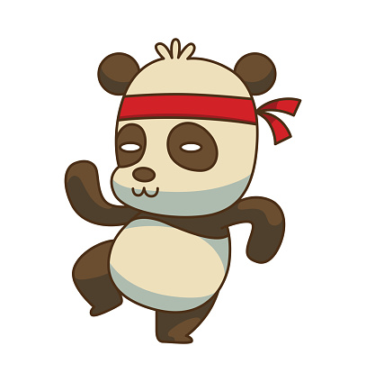 Cute little panda standing in kung fu pose, color image