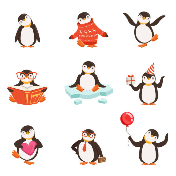 niedliche kleine pinguin-comic-figuren set für etikettengestaltung. bunte detaillierte vektor illustrationen - kaltes herz stock-grafiken, -clipart, -cartoons und -symbole