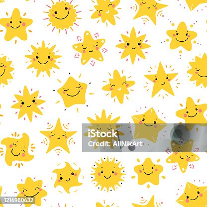 istock Cute Little Stars Vector Seamless Pattern. Sky Background with Kawaii Smiling Star Icons for Kids Fashion, Nursery, Baby Shower Scandinavian Design 1216980632