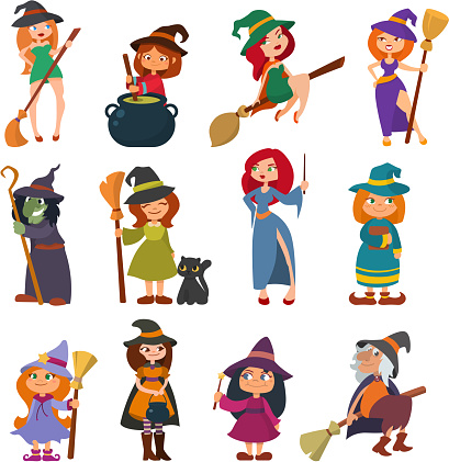 Cute little witch hag harridan vixen with broom cartoon magic Halloween young girls character costume hat vector illustration