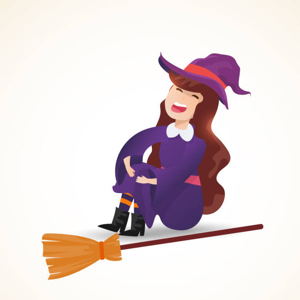 A cute little witch with a broom. Halloween witch kids costume...