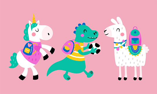 Cute llama, unicorn and dinosaur character design with backpack. Back to school concept. Childish print for t-shirt, apparel, cards and nursery decoration