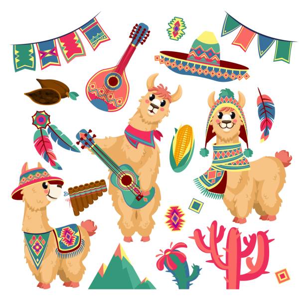 かわいいラマ。ギター、山、サボテンとお祝いの旗の花輪、チリの伝統的なパターンベクトルセットとメキシコの服で面白いアルパカ動物 - とうも ろこし チリ共和国点のイラスト素材／クリップアート素材／マンガ素材／アイコン素材