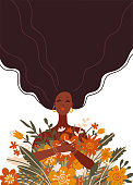 istock Cute long hair black girl holding a bouquet of flowers. Vector flat vector illustration. Design for the holiday of spring, anniversary, birthday, nature protection holiday 1325304972