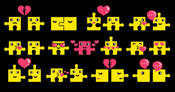 Cute love emojis in the form of jigsaw puzzle pieces. vector art illustration