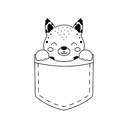 Cute lynx sitting in pocket. Animal face in Scandinavian style for kids t-shirts, wear, nursery decoration, greeting cards, invitations, poster, house interior. Vector stock illustration