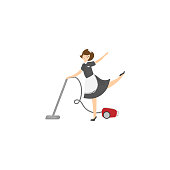 istock Cute maid with a vacuum cleaner. Raster illustration isolated on white background 1207009484