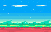 Cute meadow area with clouds, stars and mountains. Pixel art game location. Seamless vector background.