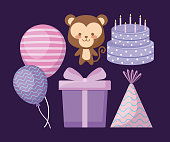 cute monkey and set icons party vector illustration design