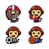 cute monkey character design set themed sport actor , football, basketball, rugby, judge