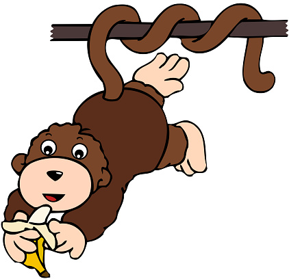 Cute monkey hanging from iron bar eating a banana