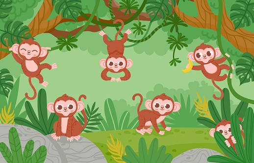 Cute monkeys hanging on lianas trees in jungle forest. Cartoon happy monkey characters play and jump. Childish tropical zoo vector landscape