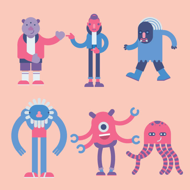 cute monster set A set of six modern and simple characters in different posture. monster fictional character stock illustrations