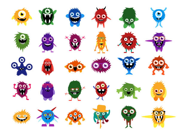 Cute monsters. Big set of cartoon monsters Cute monsters. Big set of cartoon monsters. Editable faces, eyes, teeth, smiles. Fluffy vector monsters and aliens in glasses with custom expessions and gesture. Halloween creatures for your design. monster fictional character stock illustrations