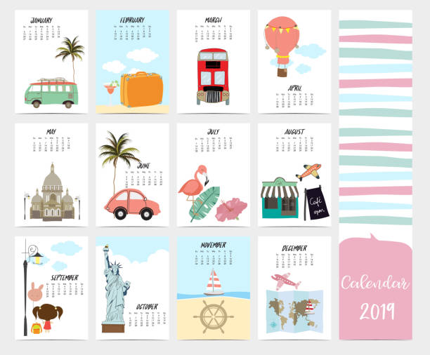 Cute monthly calendar 2019 with beach,sea,van,Statue of Liberty,Taj Mahal for children.Can be used for web,banner,poster,label and printable Cute monthly calendar 2019 with beach,sea,van,Statue of Liberty,Taj Mahal for children.Can be used for web,banner,poster,label and printable holiday calendars stock illustrations