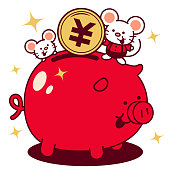 Unique Characters Full Length Vector Art Illustration.
Cute mouse putting a large yen sign coin (Japanese Currency) into a piggy bank Year Of The Rat Happy Chinese New Year.