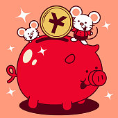 Unique Characters Full Length Vector Art Illustration.
Cute mouse putting a large yuan sign coin (Chinese Currency) into a piggy bank Year Of The Rat Happy Chinese New Year.