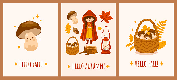 Cute mushroom with smiling face, girl in red mantle, wicker basket. Cute forest fairy tale fantasy characters. Hello autumn postcards concept with lettering.