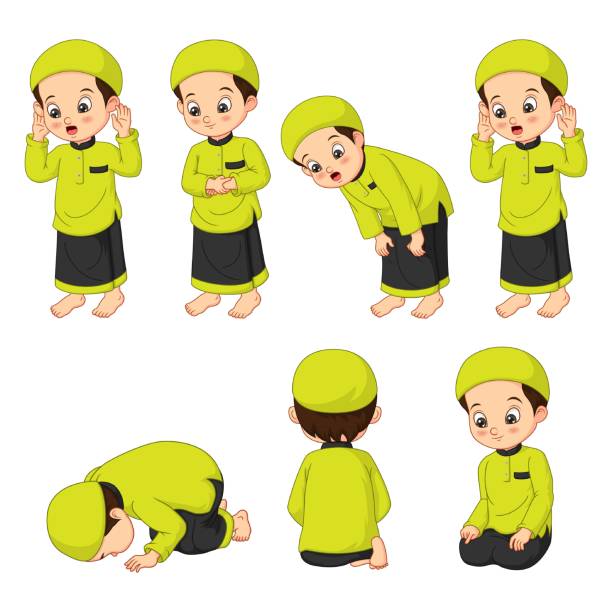 sevimli müslüman çocuk namaz adımları atıyor - salah stock illustrations