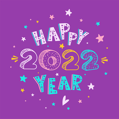 Cute New Year or Christmas greeting card with hand drawn bright lettering "Happy 2022 Year" on white background of starry sky