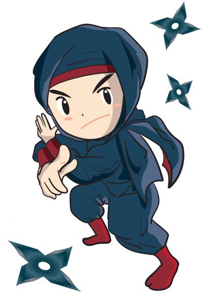stockillustraties, clipart, cartoons en iconen met schattig ninja en shuriken ninja ster, gooien wapen - manga boy action