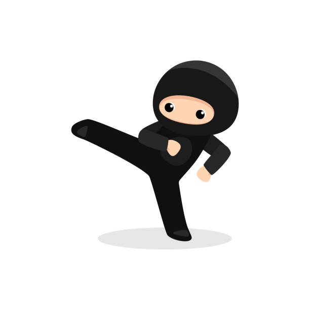 stockillustraties, clipart, cartoons en iconen met cute ninja kicking isolated on white background - manga boy action