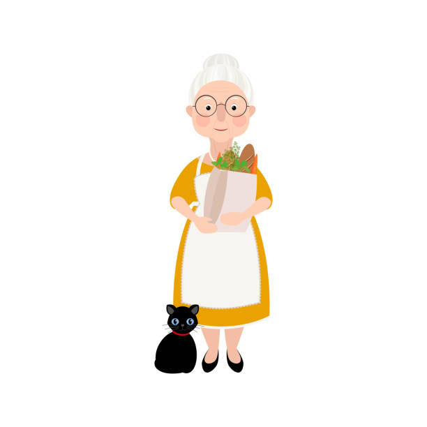 A cute old lady with wrinkles on her face and gray hair stands and holds a bag of groceries in her hands. A woman in a yellow dress with a cat. Vector stock hand-drawn illustration isolated on a white A cute old lady with wrinkles on her face and gray hair stands and holds a bag of groceries in her hands. A woman in a yellow dress with a cat. Vector stock hand-drawn illustration cartoon of a wrinkled old lady stock illustrations