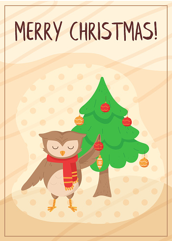 Cute owl decorating christmas tree card