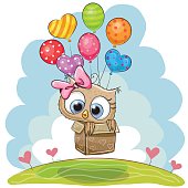 Cute Owl in the box is flying on balloons