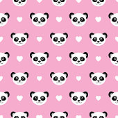 Vector seamless pattern of cute panda bear faces and little white hearts on a square pink square background.