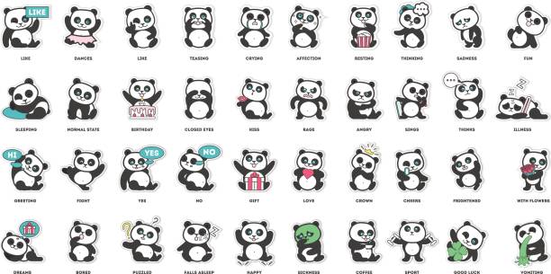 illustrations, cliparts, dessins animés et icônes de cute panda, collection d’autocollants, - panda