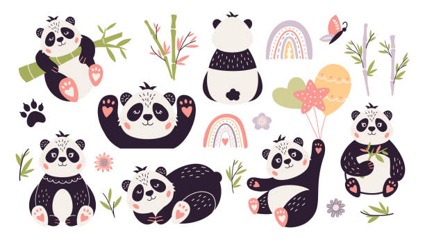 stockillustraties, clipart, cartoons en iconen met cute panda vector set baby bear bamboo - klimbos