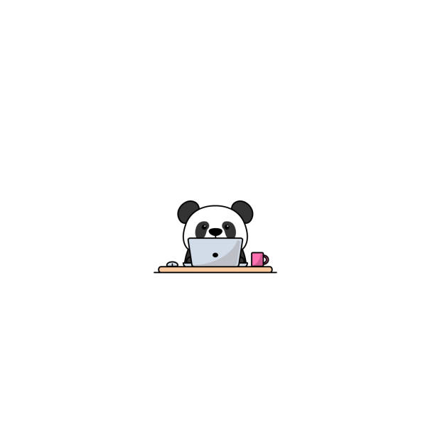 bildbanksillustrationer, clip art samt tecknat material och ikoner med söt panda arbetar på en bärbar dator, vektor illustration - panda