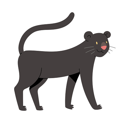 Cute panther character, big cat illustration, black jaguar with smiling face expression, jungle feline, vector illustration isolated on white background
