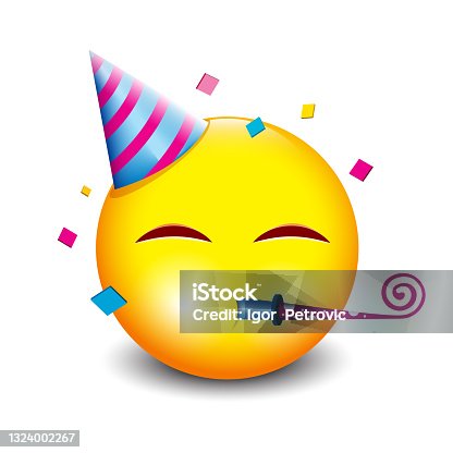 istock Cute party emoji, happy face with birthday hat and confetti - isolated vector illustration 1324002267