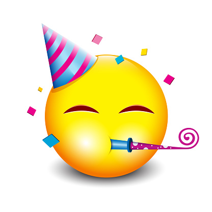 Cute party emoji, happy face with birthday hat and confetti