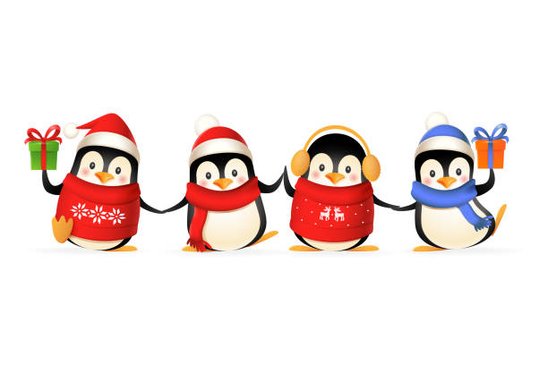 かわいいペンギンの友人は冬の休日を祝う - 白い背景に分離されたベクトルイラスト - ペンギン点のイラスト素材／クリップアート素材／マンガ素材／アイコン素材