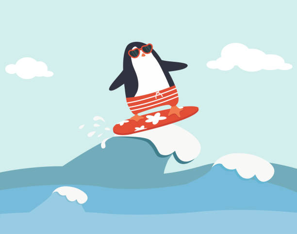 stockillustraties, clipart, cartoons en iconen met schattig pinguïn surfen golven vector - ice swimming