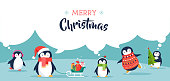 Cute penguins set of illustrations - Merry Christmas greetings