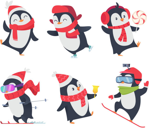 stockillustraties, clipart, cartoons en iconen met schattige pinguïns. tekenfilm personages baby zoete wild winter sneeuw dieren vector geïsoleerd vormen - posing with ski