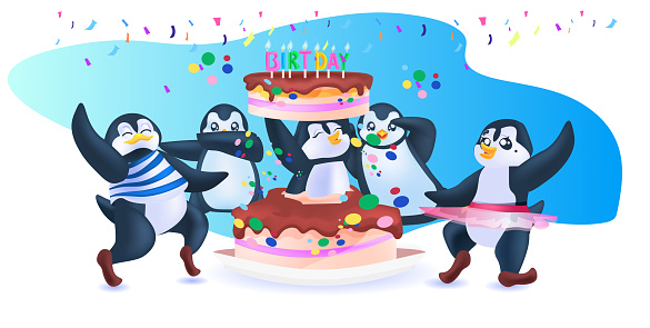cute penguins celebrating birthday party antarctic birds having fun full length horizontal