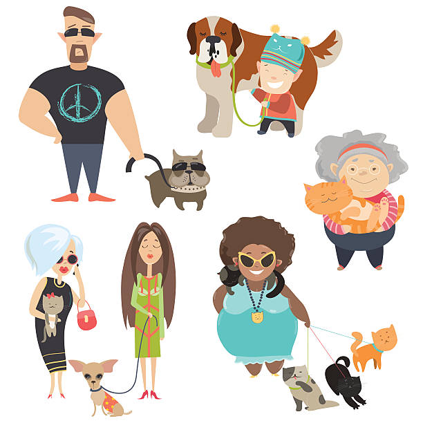 bildbanksillustrationer, clip art samt tecknat material och ikoner med cute pets with their owners - cat leash