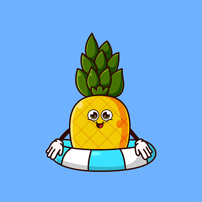 Cute pineapple character with swim ring float. Fruit summer icon concept isolated. flat cartoon style Premium Vector