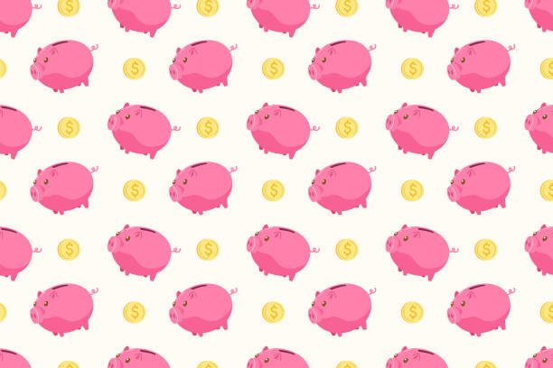 Cute pink piggy bank with gold coin background seamless pattern. Financial background for kids. Illustration for print, wallpaper, backdrop, template, banner texture. Flat vector. pig designs stock illustrations