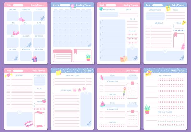 Cute planner templates. Weekly, monthly and yearly planners. To do list, goal planner and habit tracker pages design vector set Cute planner templates. Weekly, monthly and yearly planners. To do list, goal planner and habit tracker pages design. Month organizer scrapbook schedule isolated vector icons set calendars templates stock illustrations