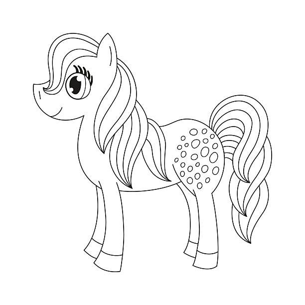 Cute pony, coloring book page Vector illustration of cute horse, pony with a magnificent mane and tail, coloring book page for children animal markings stock illustrations